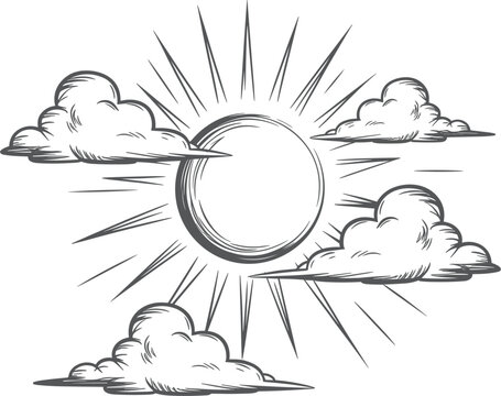 Hand drawn sun with clouds sketch set, vintage weather line art vector illustration for sky design