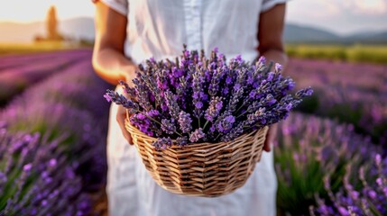 A woman in a simple linen dress holds a wicker basket full of freshly cut lavender bundles