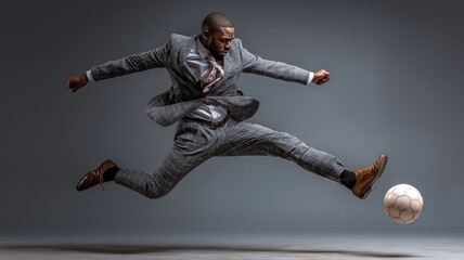 A forceful kick at a soccer ball by a corporate executive dressed in a stylish suit serves as a metaphor for strategic play in the business world.