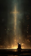 A guy kneeling in prayer in front of a luminous Jesus cross, which represents spirituality, faith, and the presence of God.