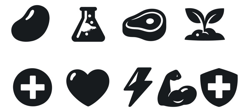 Simple glyph health and nutrition icons set featuring food, science, health, and strength related symbols for diet and wellness concepts