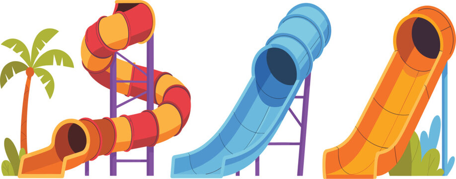 Colorful water park slides set with spiral and tunnel tubes, summer aqua park vector illustration collection