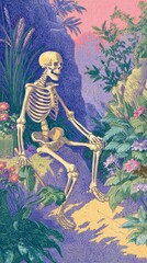 Naklejka premium Skeleton in fairy tale fantasy botanical mobile wallpaper