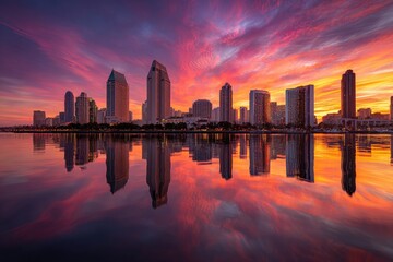 Fototapeta premium City skyline silhouette reflecting in water beneath a vibrant, colorful, and fiery sunset