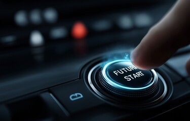 'Future Start' appears on a computerized display as a hand presses the start button of a futuristic automobile. idea of modern technology.