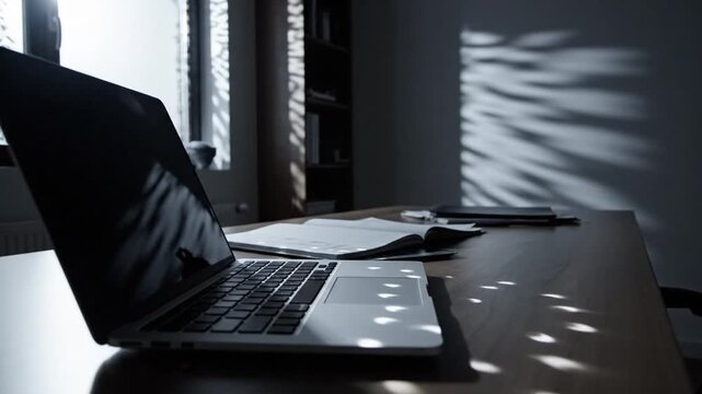 Sunlight pattern illumination dances across a wooden desk with an open laptop and coffee mug creating a serene workspace ambiance with shadows from window blinds enhancing the mood