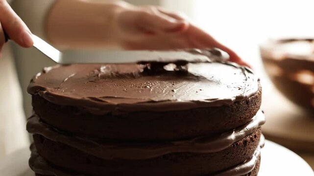 Spreading rich chocolate frosting on a delicious homemade layer cake