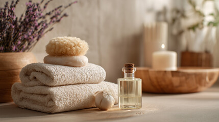 Spa Essentials With Towels, Soap, Oil, and Candles for a Relaxing Home Spa Experience