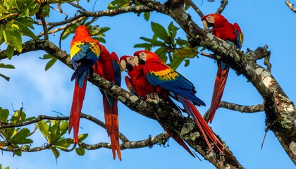 Several vividly colored birds perch among tree branches under a blue sky
