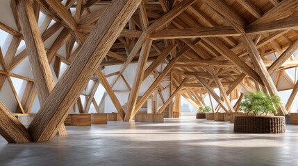 Spacious modern interior with wooden beams and natural light in contemporary architecture design