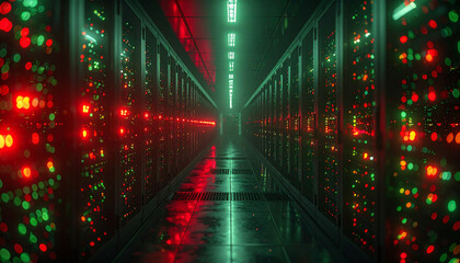 Rows of server racks illuminated with vibrant red and green lights in a futuristic data center.