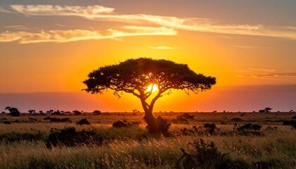 Silhouette of an acacia tree against a vibrant sunset sky