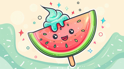 Whimsical cartoon watermelon popsicle character with sprinkles and cream topping