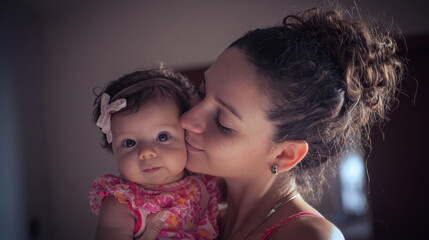 Mother Kissing Baby Girl in Pink Dress: Tender Family Moment Highlighting Bond and Love