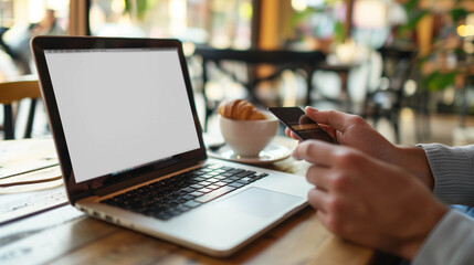 Person working remotely on laptop and smartphone at cozy café with coffee and croissant