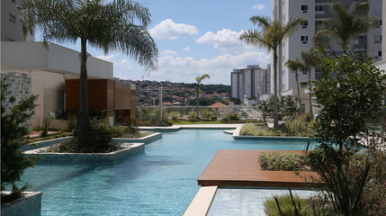 Luxurious Poolside Resort With Palm Trees and Modern High-Rise Buildings Under Clear Sky Sunny Day