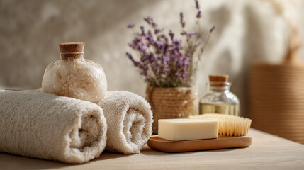 Spa Essentials Set With Towels Soap Lavender And Bath Oils For Home Wellness