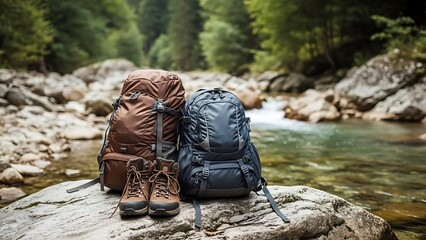 Hiking Backpack and Boots on Rocky Ground