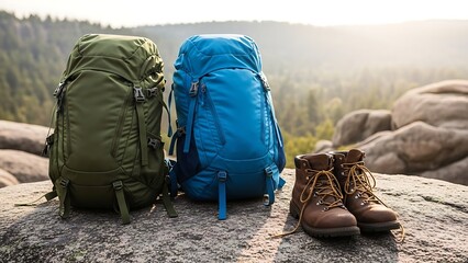 Trekking Gear in Outdoor Scenic Landscape