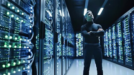 A man stands confidently in a dimly lit server room with rows of computer servers on either side, their lights glowing brightly