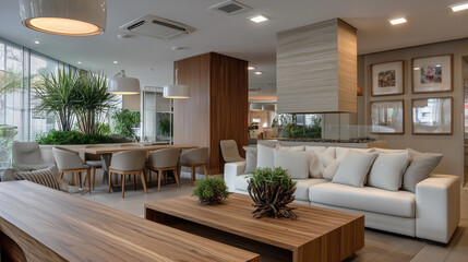Modern Office Lounge With White Sofa, Wood Tables, And Green Plants For Comfortable Meetings