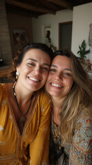 Fototapeta premium Two Smiling Women Friends Share a Cozy Selfie Inside a Warm Boho Home