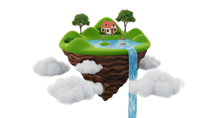 Floating Island with House, Waterfall, and Clouds