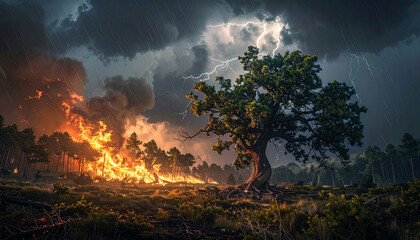 Wildfire raging through forest landscape with lightning storm overhead and tree standing tall