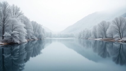 Serene winter landscape by snow-covered lake