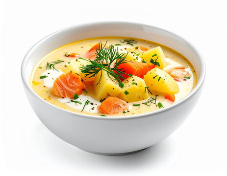 A hearty bowl of creamy salmon soup filled with tender potatoes, carrots, and fresh dill. Warm, nutritious, and delicious.