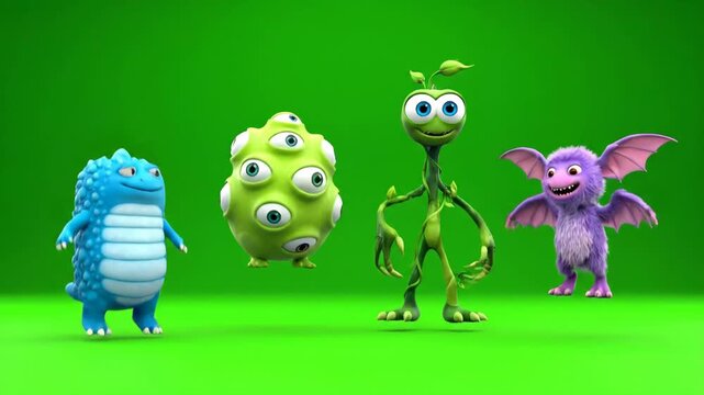 Four cartoon monsters dancing on a green background