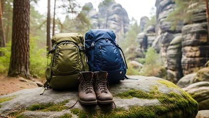 Hiking Boots and Backpacks in Mountain Landscape