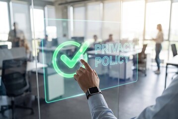 Businessman touching virtual screen with privacy policy text and green checkmark icon in office