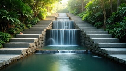 Serene garden waterfall with stone steps
