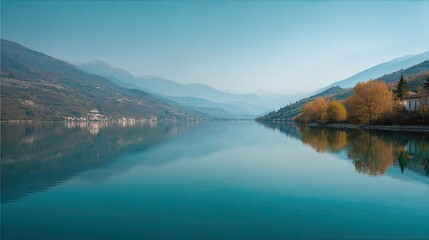 Serene Landscape of Calm Lake Surrounded by Majestic Mountains and Colorful Autumn Trees Under a Clear Blue Sky at Dawn