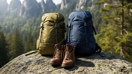 Camping Backpacks and Hiking Boots in Nature