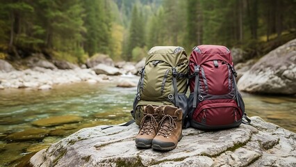 Hiking Backpacks and Boots by Mountain Stream
