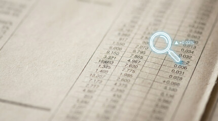 Extreme close up on textured paper of financial document showing numbers, data, and magnifying glass icon overlay