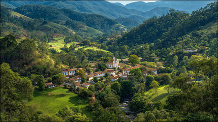 Idyllic Mountain Village Surrounded by Lush Hills and a Meandering River, Pastoral Scenery