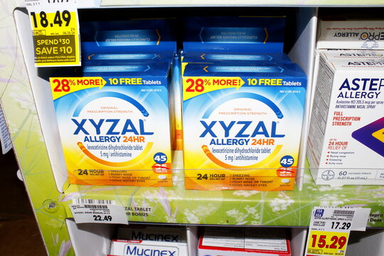 XYZAL Allergy Medicine in boxes closeup shelf