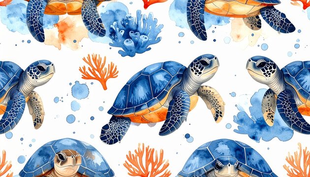 Sea Turtle Coral Watercolor Pattern