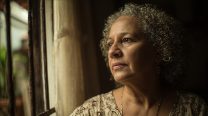 Contemplative Elderly Woman Looking Out Window, Soft Light, Quiet Moment at Home