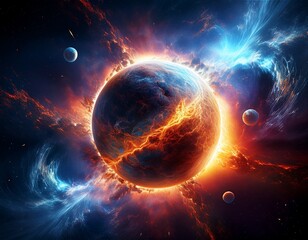 cinematic illustration of a glowing planet exploding in deep space with nebula clouds