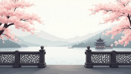 Serene lakeside temple under cherry blossoms