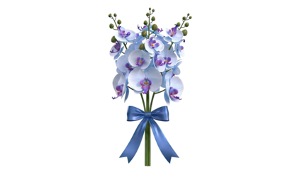 Bouquet of light blue orchids with a blue ribbon