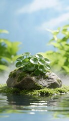 small green pennywort leaves on mossy rock