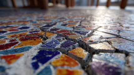 Close-up of a vibrant mosaic tile floor, showcasing intricate patterns and textures, with wooden chairs in the background.