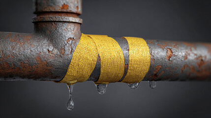 An old rusty water pipe with yellow tape wrapped around a leak, showing water drops falling down