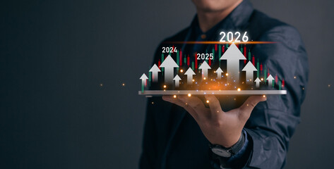 Business growth analysis concept. Person interacting with bar graph forecasting data trends from 2024 to 2026, representing financial planning and market strategy, tax, vat