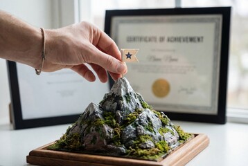Hand placing small flag on miniature mountain peak with certificate of achievement in background
